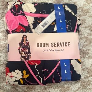 Room Service Shawl Collar Pajama Set - Black and Pink Floral